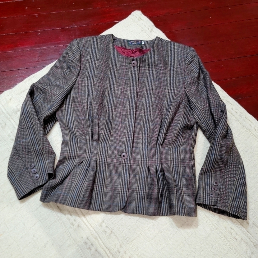Vintage Charter Club Petites Plaid 100% Wool Peplum Pleated Jacket size 12 Brown